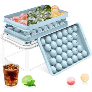 Ice Cube Tray with Lid and Bin Round Ice Cube Trays for Freezer, BPA-Free Food-Grade Ice Mold, Stackable Ice Ball Maker, Iced Bucket Kits, Circle Ice Tray for Cocktails, Whiskey, Coffee, and Drinks