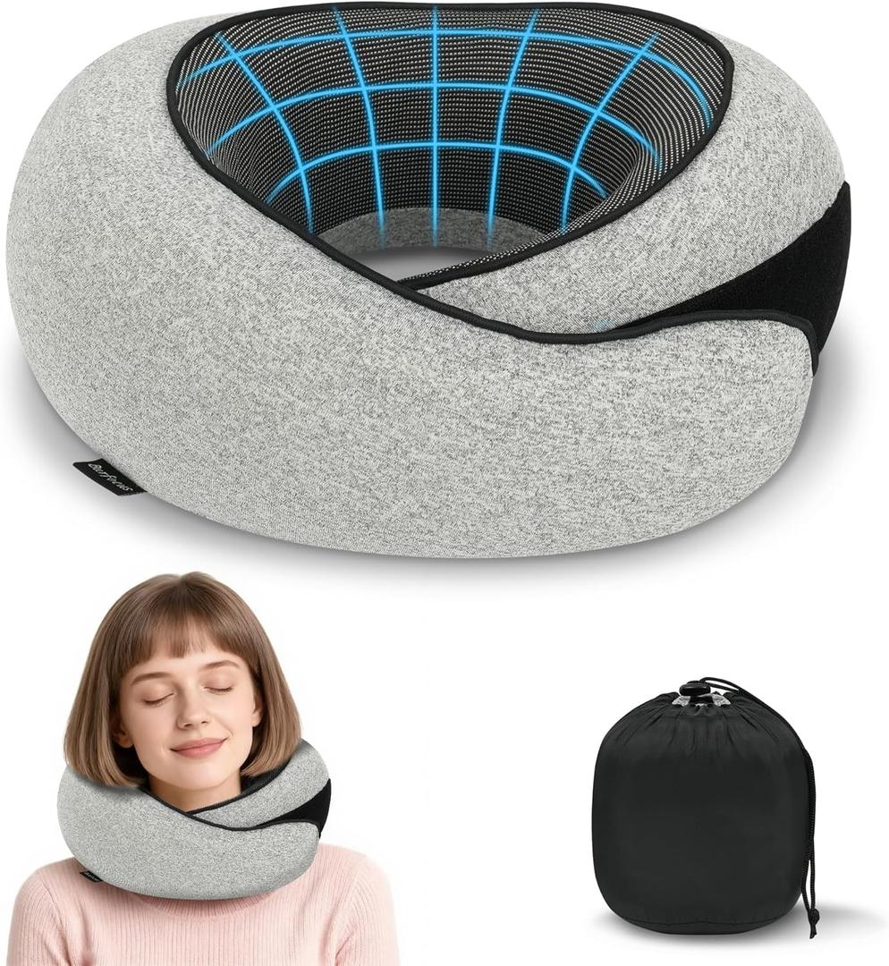 burfocus Advanced Neck Travel Pillow | 100% Pure Memory Foam, Designed for The Comfort of Travel & Office, Travel Pillow for Plane, Car, Home, Work, Dark Grey