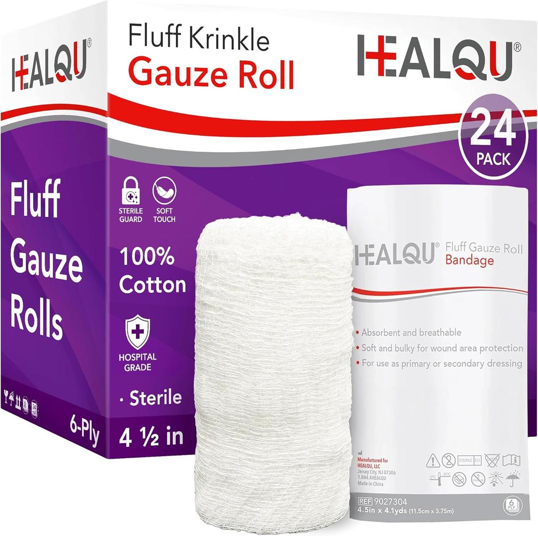 HEALQU Kerlix Type Gauze Bandage Rolls - 4 in x 4.1 Yds, 6 Ply - 24 Single Sterile Pocuhes - Extra Absorbency, Latex Free, Hospital Grade Cotton Krinkle Fluff Bandage Wrap - Wound Care & First Aid