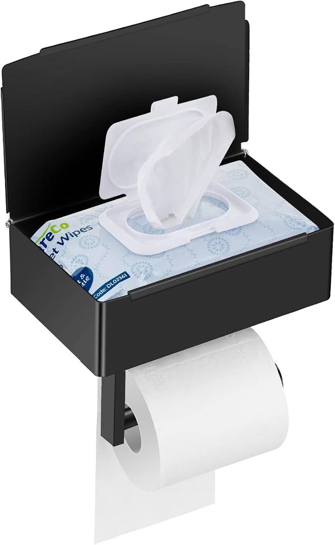 Toilet Paper Holder with Shelf,Flushable Wet Wipes Dispenser for Bathroom,Toilet Paper Holder with Storage, Stainless Steel Wall Mount -Self Adhesive or Drilling (Large,Black)