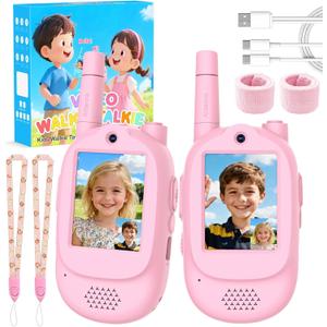 Video Walkie Talkies for Kids, 2 Pack Rechargeable Real-Time Video Chat & Voice Changer Walkies Talkies with Watch Straps, Long Range Family Games, Outside, Gifts for Boys Girls Ages 3-12 Pink