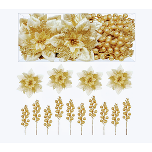 Alupssuc 24 Pieces Christmas Tree Decorations, 12 PCS Gold Poinsettia Flowers Artificial and 12 PCS Glitter Christmas Tree Picks for Christmas Decorations Party Wreath Fireplace Stairs, Gold