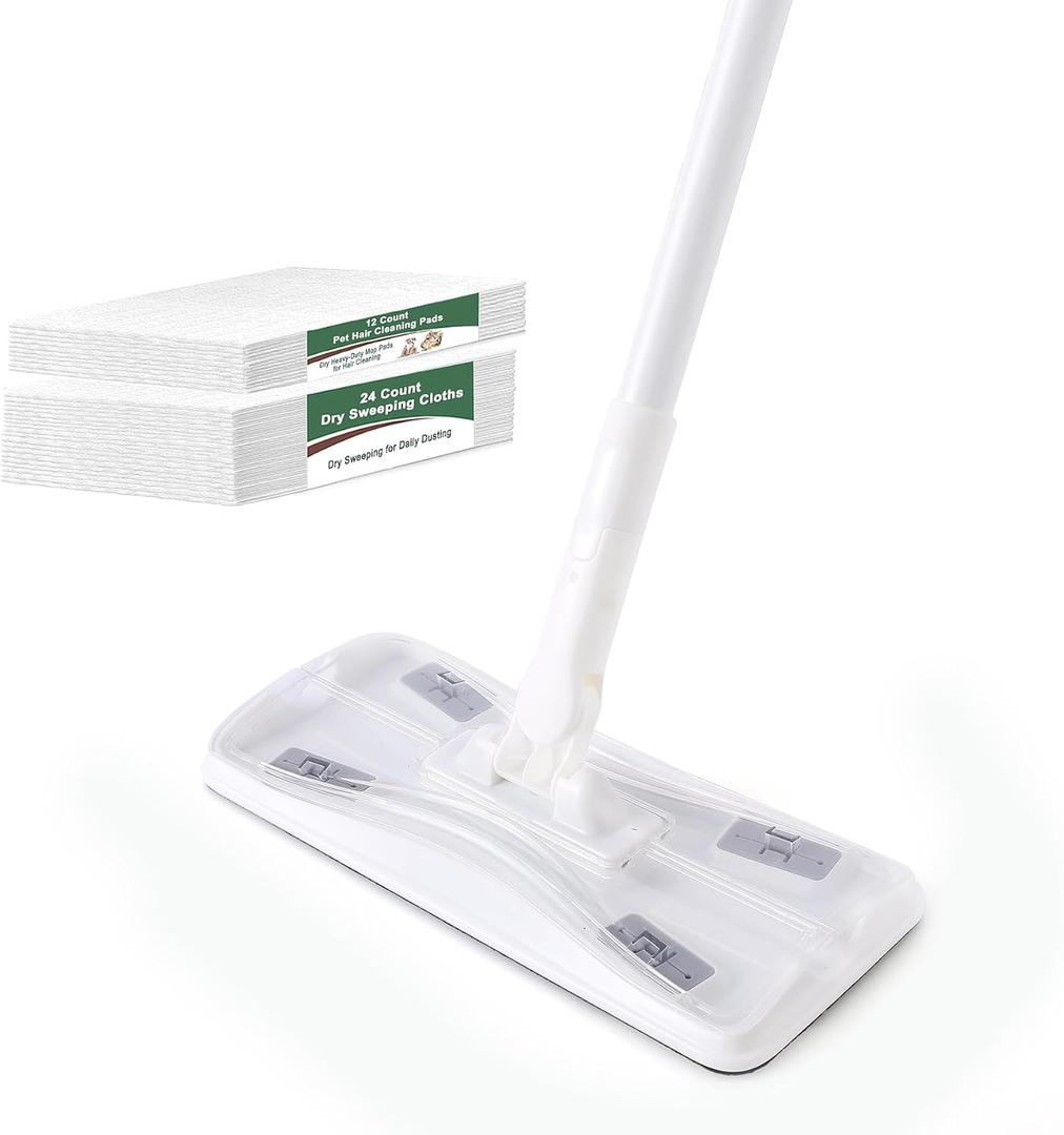 Eyliden Dust Mop, Sweeping & Mopping Kit with 58" Extended Long Handle, 36 Disposable Dry Cloths, Multi Surface Sweeper Mops for Hardwood, Tile, and Vinyl Floor Cleaning, Iron Handle, White