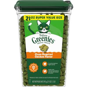 Greenies Cat Treats, Feline Veterinarian-Recommended Adult Natural Dental Cat Treats, Oven Roasted Chicken Flavor, 21 oz. Tub (EXP 04/01/27)