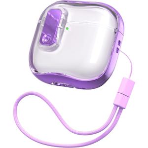 RFUNGUANGO AirPods 4 Case for Women, Purple Clear Shockproof TPU Cover with Lanyard & Cleaning Kit, Protective Case Cover for Apple AirPods 4th Generation (2024) Case, Purple