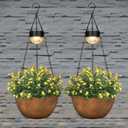 BAYN 2 Packs Solar Hanging Basket Planters for Plants Outdoor, Self Watering Bronze Flower Plants Pots with Solar Light Drainer for Balcony Patio Garden Outdoor Decoration