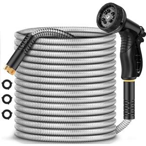 Stainless Steel 25FT Garden Hose with 10 Function Nozzles, No Kink, Lightweight and Flexible Heavy Duty Metal Water Hose for Yard and Lawn