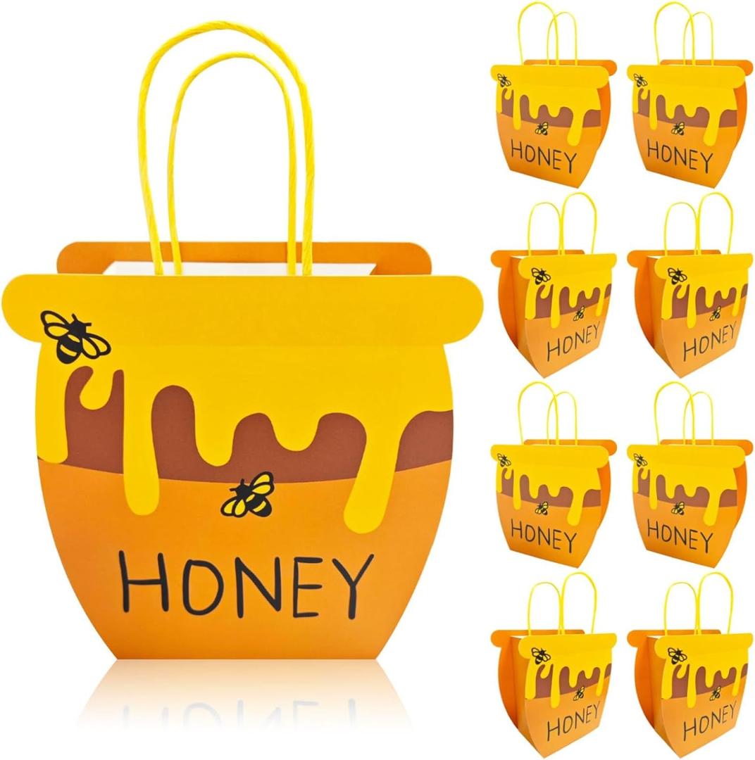 Bacideler Bee Themed Party Favor Bags Honey Bee Pot Gift Bags with Handles Honey Jars Goodie Treat Bags for Bee Day Baby Shower First Birthday Wedding Party Gifts Bag Pack of 8