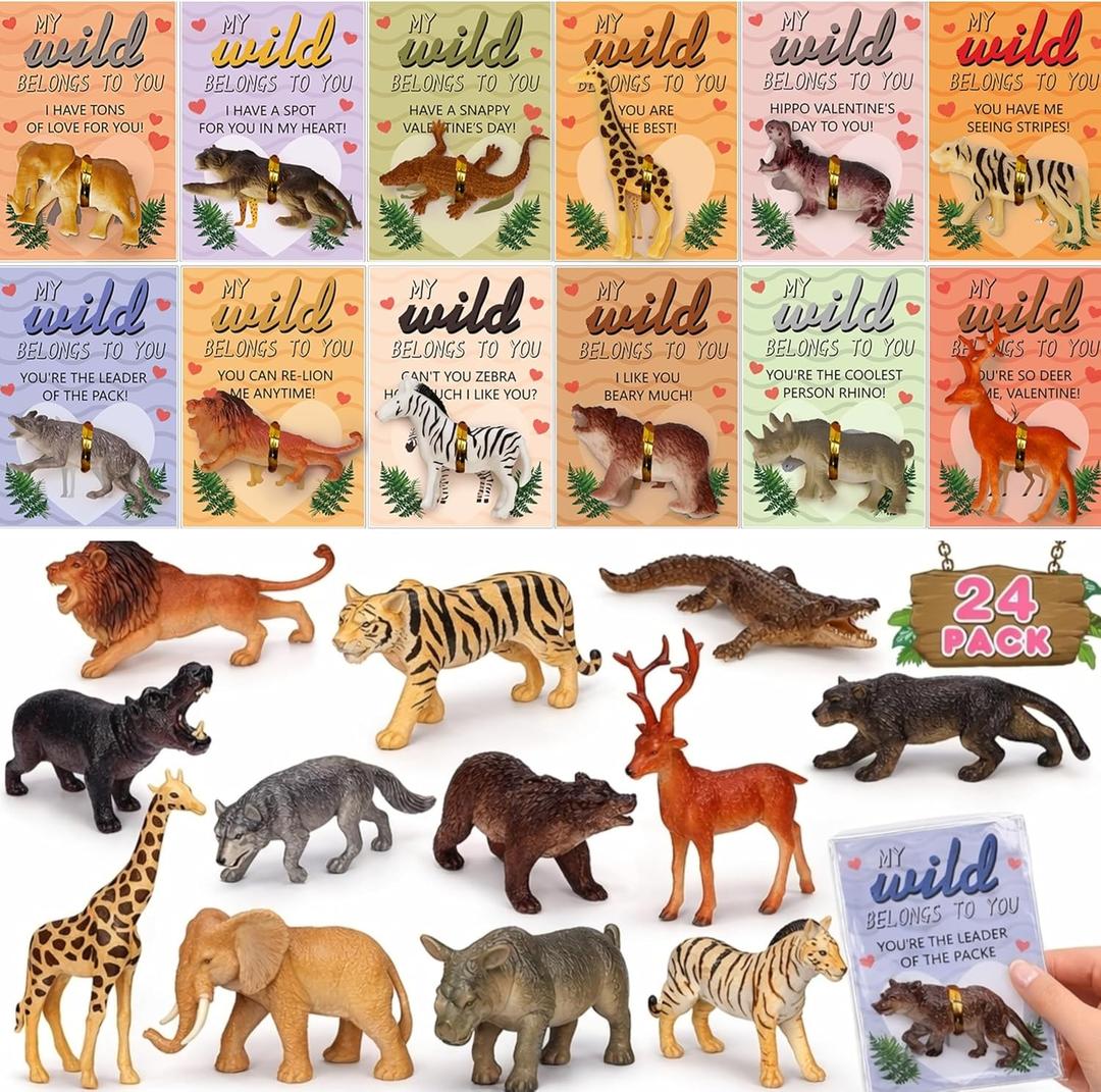 Kids Valentines Day Gifts for School, 24 Pack Valentine Cards for Kids Classroom with Animals Figures Toys, Toddler Class Valentines Day Gifts Exchange, Valentine Party Favors Prize for Boys Girls