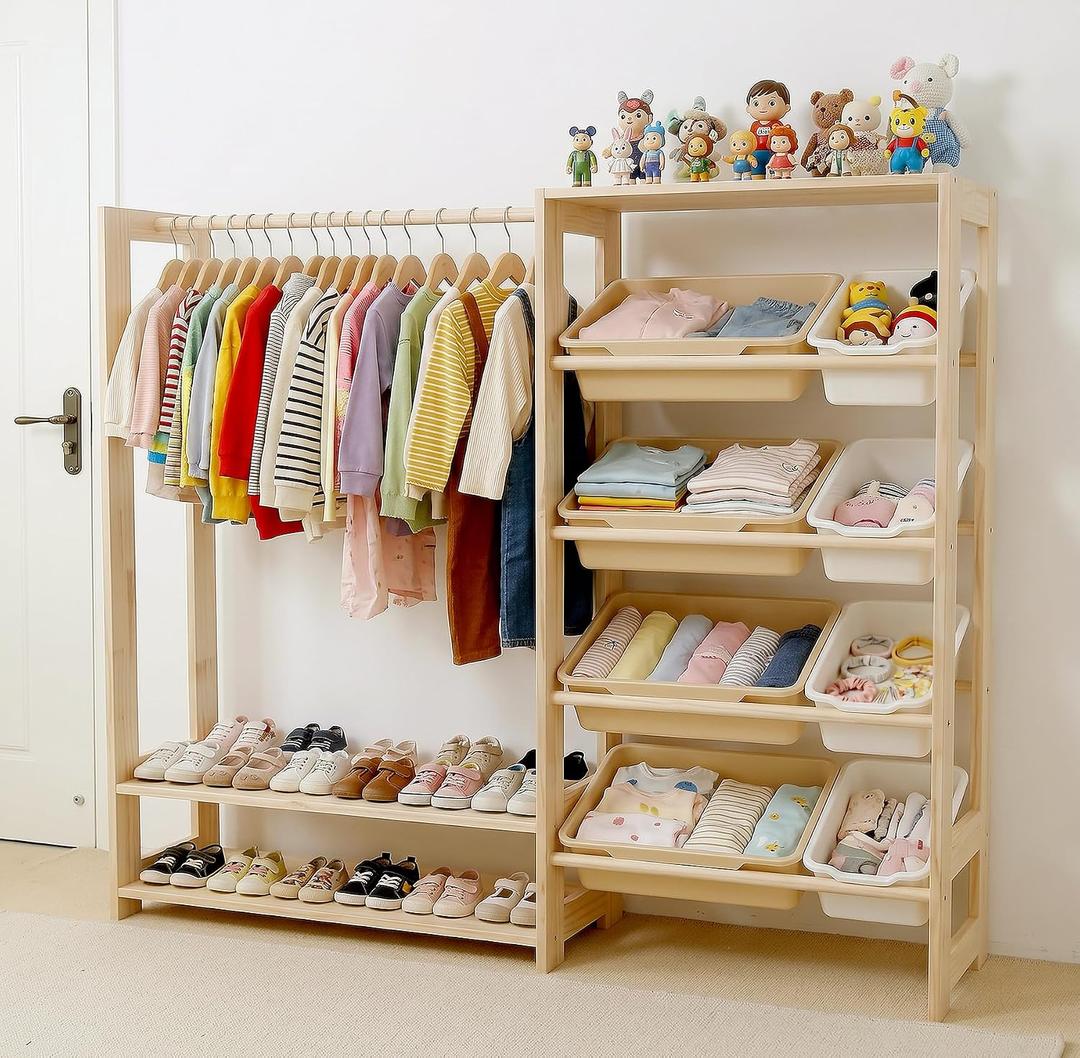 Amdermi Montessori Kids Wardrobe and Toy Storage Organizer with Bins, Wooden Toddler Dress Up Clothes Rack, Open Closet with Shoe Shelves for Childrens Bedroom and Playroom, Natural Wood, 55" x 15" x 51"