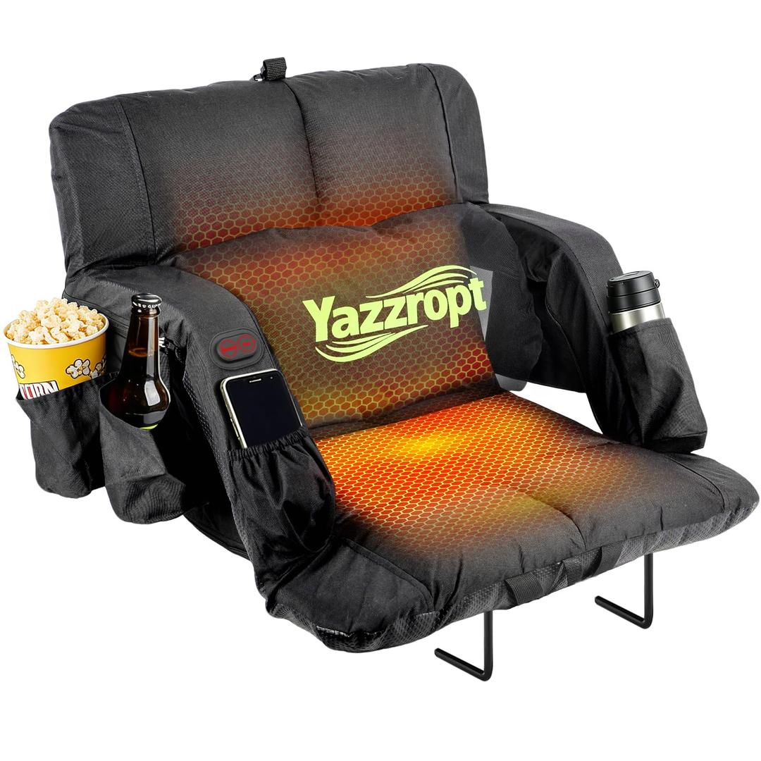 Yazzropt Dual-Zone Heated Stadium Seats with Back Support, 3 Heat Settings Bleacher Seat, Extra Thick Padded Cushion, 6 Adjustable Angle, Lumbar Pillow & Cup Holder, Stadium Chair for Sports Events