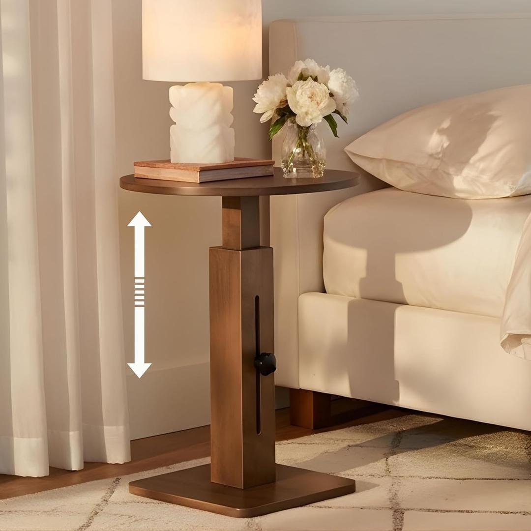 Behomes Aurin Solid Wood Nightstand, Mid Century Modern Side Table with Adjustable Height, Couch End Table, Accent Bedside Table for Bedroom, Living Room, Round Top, Walnut