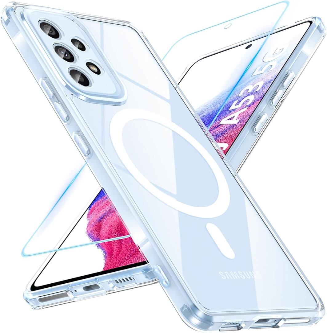 2 x Magnetic for Samsung Galaxy A53 5G Case with Screen Protector,Anti-Yellowing and Scratches,Shockproof Protective Transparent Slim Shockproof Cover for Samsung A53 5G (Clear)