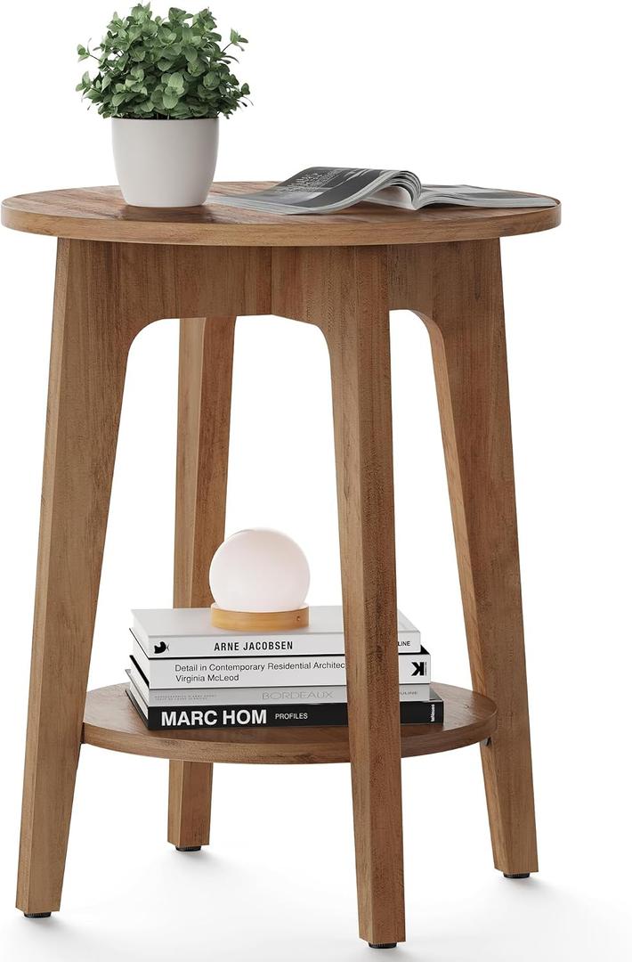 VASAGLE MAEZO Collection - Side Table, 2-Tier Small Round End Table, Nightstand with Tapered Legs, Curved Transitions, for Small Spaces, Living Room, Bedroom, Honey Brown ULET283T41, 1 Pack