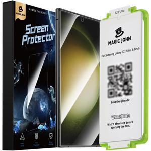 MAGIC JOHN 2 Pack for Samsung Galaxy S23 Ultra Screen Protector [PET Film Material Not Glass] 6.8 inch,[100% Fingerprint ID Compatible] Easy Installation Tray, Shock-Resistant, 3D Curved, Bubble Free, Scratch Proof, HD Clear, Case Friendly
