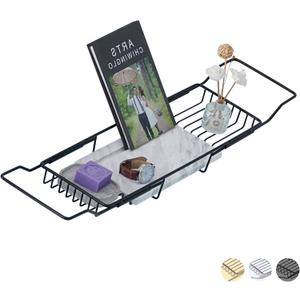 Bathtub Tray Caddy for Luxury Bath Expandable Extra Wide Bath Tub Tray with Natural Marble Tray and Mobile/Tablet Stand, Ideal for Home Spa Lovers(Black + Jazz White)