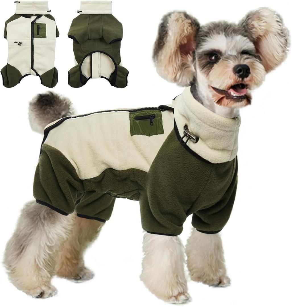 DENTRUN Dog Winter Coat - Polyester Jacket, Pajamas Turtleneck Sweater - Puppy Cold Weather Outfit - Thermal Bodysuit - Soft Jumpsuit (M, Green+Beige)