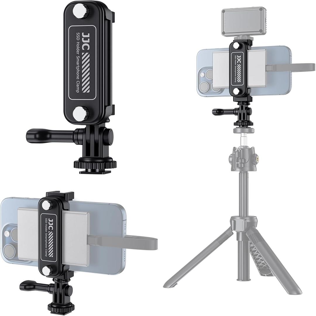 JJC SSD Holder Bracket for Samsung T5 T7 T9, Phone Tripod Mount with Clip for Apple iPhone 13 14 15 16, Samsung Smartphone, Cold Shoe Mount for Vlog Vlogging