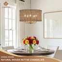 Boho Rattan Chandelier for Dining Room, Vintage Farmhouse Bamboo Golden Chandelier Modern 5-Lights Drum Hand-Woven Wicker Gold Chandeliers for Kitchen, Living Room, Entryway, Bedroom