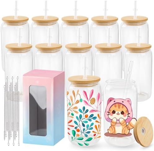 Joyclub 11 Pack Sublimation Glass Cups with Lids and Straws 16oz, Clear Sublimation Glass Tumbler Blanks Beer Can Shaped Mugs for Iced Coffee Smoothie Soda Boba Tea Cocktail Gift