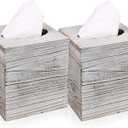 White Barnwood Tissue Box Cover: 2 Pack Tissue Box Holder Includes Slide-Out Bottom Panel, Stylish Tissue Box Cover Square Perfect for Farmhouse Bathroom Decor, 