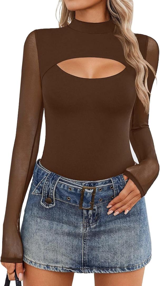 Avidlove Women Long Sleeve Thong Bodysuit Turtle Neck Shapewear Sexy Mesh Top Double Lined Cutout Shirt, (Large, Brown)