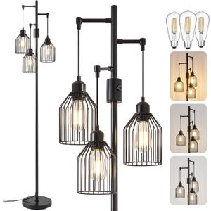 Dimmable Floor Lamp for Living Room, Farmhouse Floor Lamps with Elegant Hanging Cage, 3 x LED Edison Bulbs Included, 68.5" Industrial Standing Light for Bedroom Office Home Decor (Black)