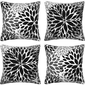 Black White Pillow Covers 18x18 Inch Set of 4 Black Gray Dahlia Flower Throw Pillows Cases Modern Geometric Floral Square Cushion Cover for Sofa Couch Bed Living Room Decor Pillowcases