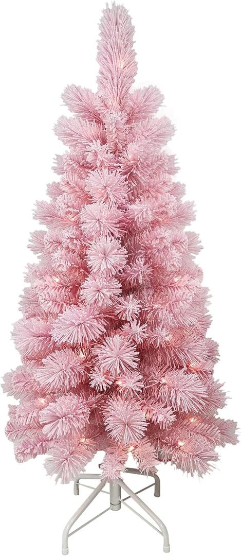 4FT PRE-LIT Flocked Pink Tree