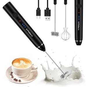Philorn Milk Frother Wand Handheld Rechargeable Electric Whisk Coffee Drink Mixer, Mini Foamer for Lattes, Cappuccino, Frappe, Matcha, Hot Chocolate, Protein Powder, Keto Diet (Black)