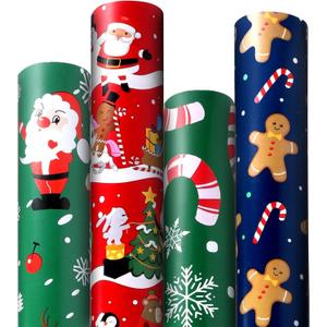 Panigkids Christmas Wrapping Paper, Large Xmas wrapping paper with Gingerbread Man, Santa's Sleigh & Reindeer Designs, 4 jumbo rolls - 17 in. x 16.4 ft. Per Roll, Merry Christmas for Kids Adults