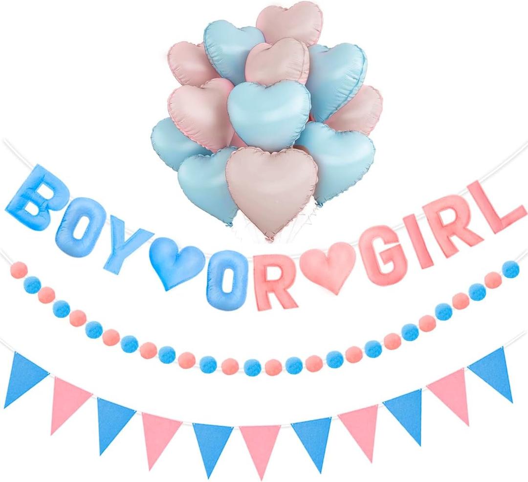 Gender Reveal Banner Set with Pre-Strung 3D Boy or Girl Felt Banner, Pom Pom Garland, Triangle Fabric Bunting, 12 PCS Pink Blue Heart Shaped Balloons, Baby Shower Decorations for Girls Boys Twins