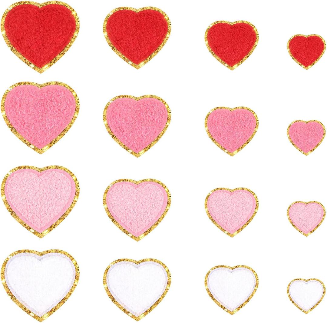 Juexica 32 Pcs Heart Shaped Iron on Patches Glitter Chenille 4 Size Love Applique Embroidered Appliques Valentine's Day Heart Transfers Sew on Fabric Patch for Clothes Jackets Backpack Hat Decoration