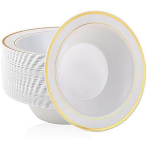 JOLLY PARTY 100PCS Plastic Bowls with Gold Rim-12oz disposable Soup Bowls, Christmas Thanksgiving Premium Dessert Salad Bowls for Wedding/Party