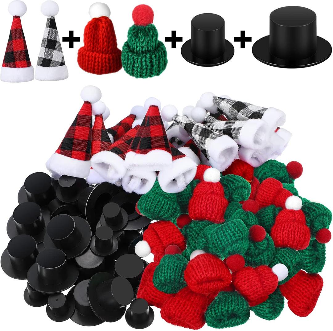 WILLBOND 120 Pcs Christmas Mini Santa Hat for Crafts Tiny Knit, Plastic and Plaid Hats Set Xmas Decoration for Christmas Tree Ornaments DIY Art, 6 Styles