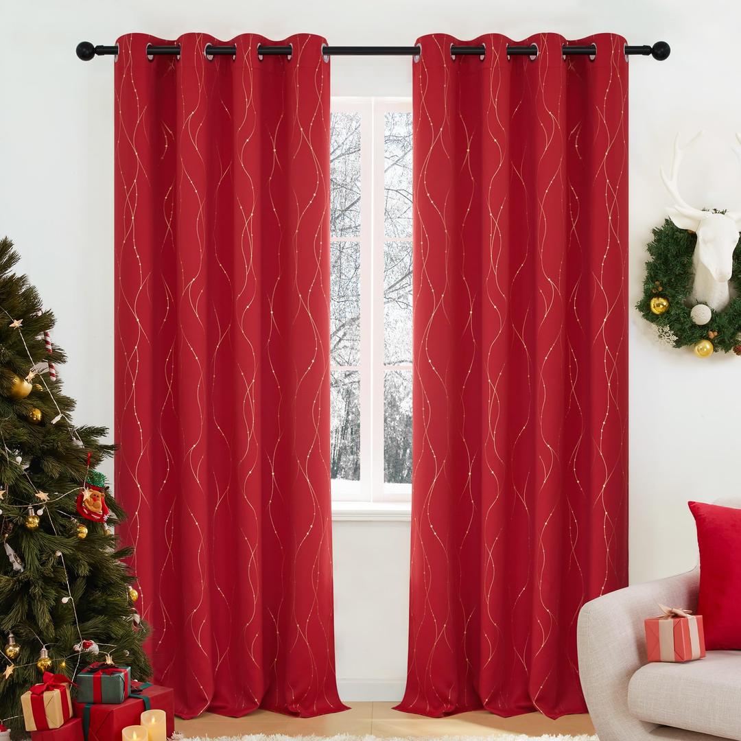 Deconovo Blackout Curtains 2 Panels for Bedroom and Living Room, Gold Foil Wave Lines and Dots, Thermal Insulated Room Darkening Grommet Window Drapes for Nursery and Kids Room, Red, 52W x 84L Inch Red