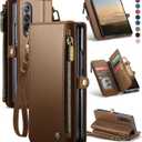 Defencase Wallet Case Compatible with Samsung Galaxy Z Fold 3 with RFID Blocking Card Holder & S Pen Holder Slot PU Leather Magnetic Snap Flip Zipper Strap Phone Case Fit for Galaxy Z Fold 3, Brown