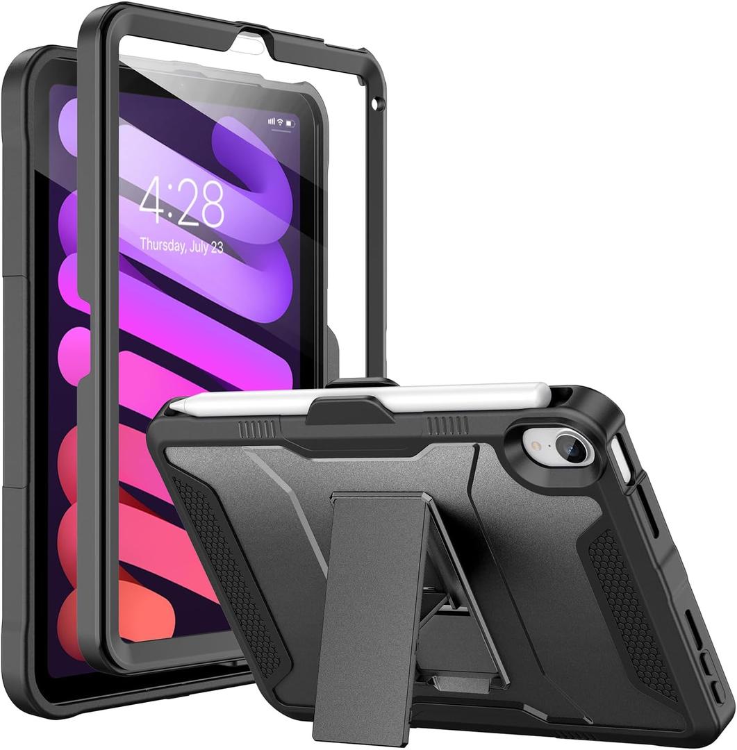 Soke Case for iPad mini 7 (A17 Pro) 2024/ Mini 6 2021 8.3 Inch,with Built-in Screen Protector and Kickstand, Rugged Full-Body Protective Cover for Apple iPad mini 7th/6th Generation - Black