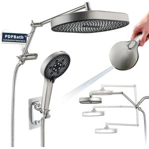 PDPBath 14 Inch Rain Shower Head with 5+1 Settings Handheld Spray Combo, High Pressure Rainfall Shower Head with 16'' Adjustable Extension Arm, 79" Extra Long Hose, 3-Way Diverter, Brushed Nickel