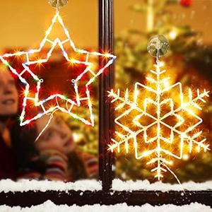 Twinkle Star Pack of 2 16" Christmas Window Silhouette Lights, Lighted Snowflake and Xmas Star Double Sided Decorations with 100 Count Incandescent Mini Light, for Holiday Indoor Wall Door Glass Décor