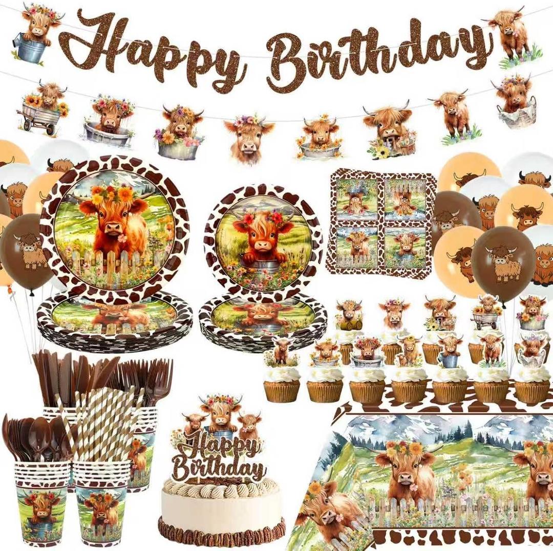 Highland Cow Birthday Decorations - Brown Cow Party Tableware, Plates Cups Napkins Pickle Party Tablecloth Happy Birthday Banner Balloons Cake Toppers for Western Farm Animals Supplie