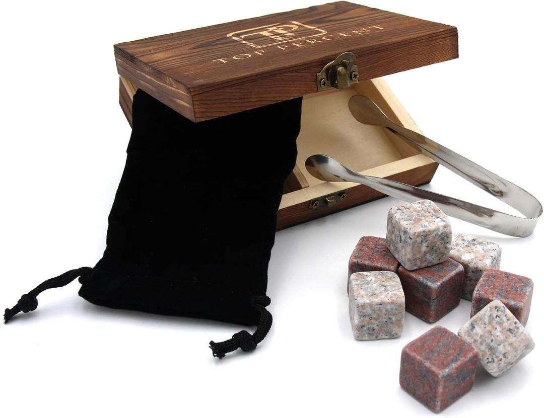 Whiskey Stone Gift Box set with 9 Premium Granite Stones (Won't Water Down Your Drink!), Wood Box, Velvet Carrying Bag and Tongs (Natural Red)