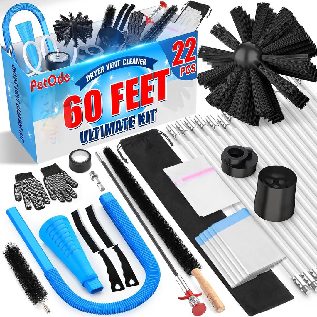 22-Piece 60-Feet Dryer Vent Cleaner Kit, Dryer Vent Cleaning Kit Lint Remover with Dryer Vent Brush, Vacuum Hose Attachment Cleaning Tools, Flexible Lint Trap Brush, Vacuum & Dryer Adapters