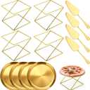 12 Pcs Pizza Pan Riser Stand Set: 4 Metal Pizza Stands, 4 Pizza Pan, 4 Wooden Pie Servers(Gold,Square)