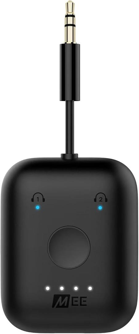 MEE Audio Connect Air in-Flight Bluetooth Wireless Audio Transmitter Adapter for up to 2 AirPods/Other Headphones; Works with All 3.5mm Aux Jacks on Airplanes, Gym Equipment, TVs, & Gaming Consoles (Black)