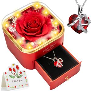 Preserved Red Real Rose with Heart Necklace -Eternal Flowers Rose Birthday Gifts for Women Wife Mom Girlfriend Grandma Gifts Idea on Christmas Valentines Mothers Day for Her-Red