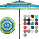 JEAREY 9 FT Patio Umbrella Outdoor, Table Umbrellas Market Umbrella w/Push Button Tilt/Crank, 8 Sturdy Ribs(Blue Green Striped)