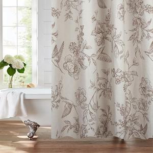MUGINYU Vintage Farmhouse Linen Shower Curtain,Botanical Floral Toile Shower Curtain,Colorful Leaves Bath Curtains Shower,Boho Flower Plant Neutral Bathroom Decor,72" W x 72" L (Vintage Bird Beige)