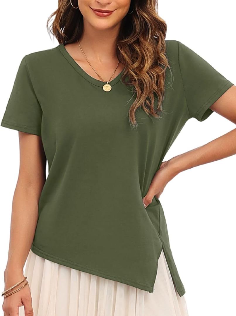 Womens Loose Fit Crew Neck T-Shirts Summer Split Asymmetry Short Sleeve Tee Shirt Plain Outfit Tops (Green, XL)