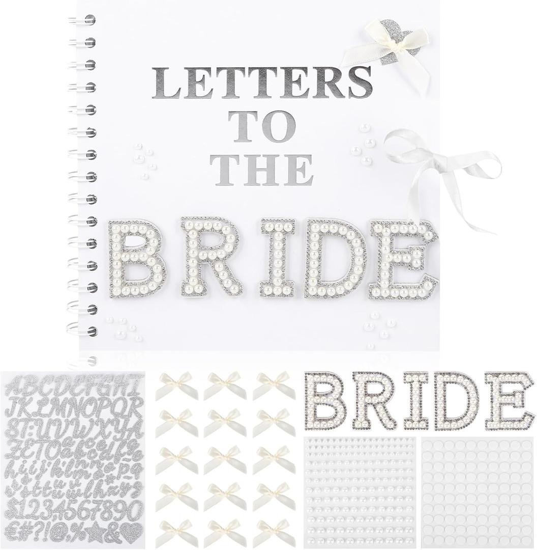 8 x 8 Inch Letters to The Bride Scrapbook Wedding Scrap Book Letters To The Bride Book Bridal DIY Blank Paper Scrapbook Photo Album with Pearl Stickers, Metallic Letters, Bows(White)